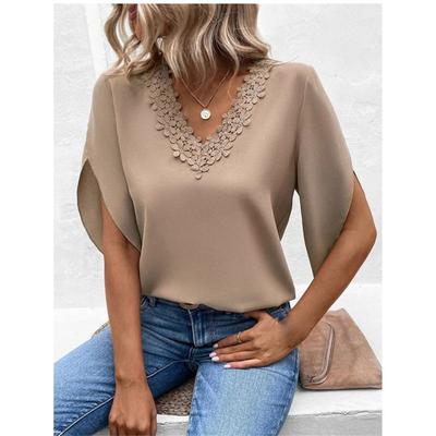 Blusa holgada informal para mujer, jersey acampanado de encaje de Color liso para verano, Tops, camisa de media manga, ropa de calle elegante con cuello en V