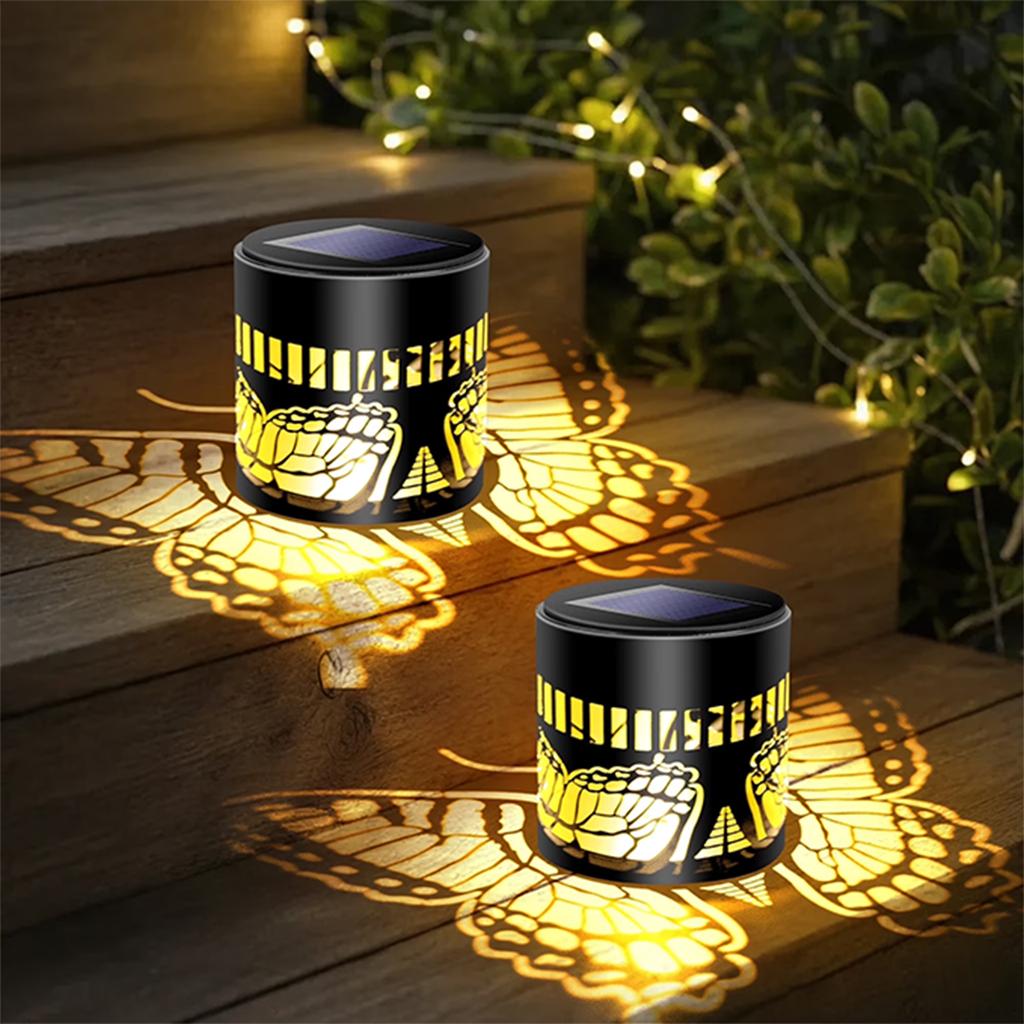 Solar Lantern Outdoor Garden Light Metal Cylinder with Insect Pattern Cutout Waterproof Decorative Yard Lighting for Patio Pathway Lawn Tabletop