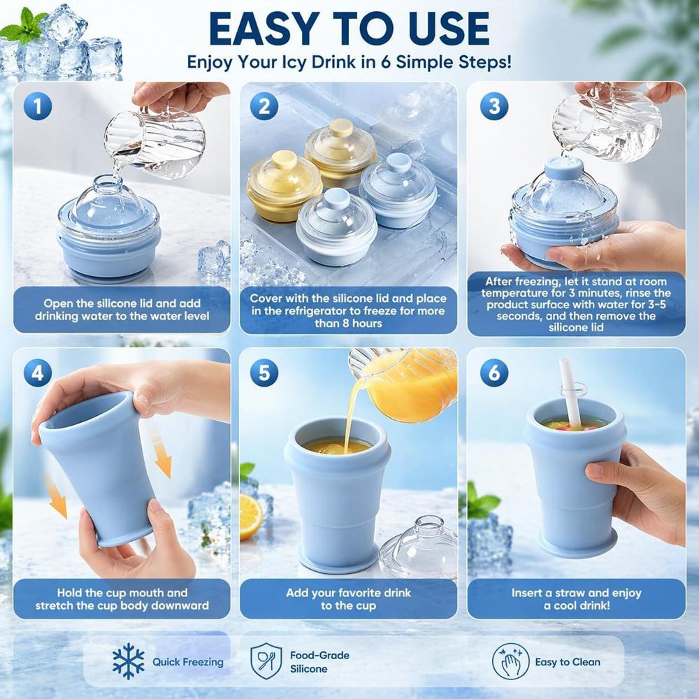 Folding Ice Cube Cup, 2-In-1 Collapsible Ice Ball Cup With Straw & Lid, Foldable Silicone Ice Cube Tray & Travel Cup, for Coffee