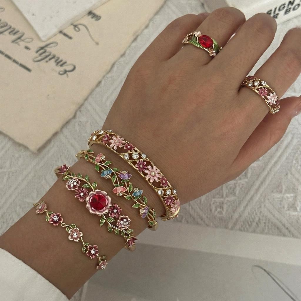 Elegant Flower Pattern Enamel Open Bracelet for Women Trendy Gold Plated Cloisonne Flowers Bangle Ring Charms Party Jewelry