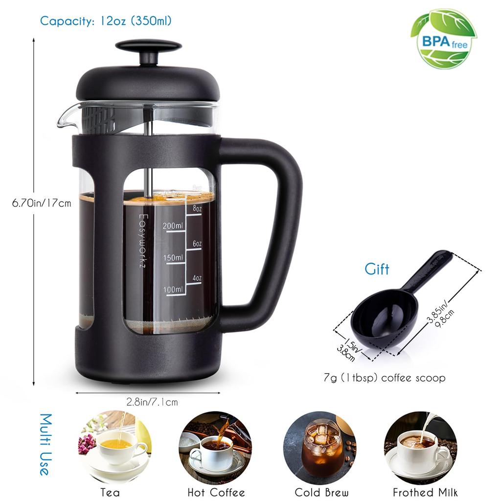 Easyworkz French Coffee Tea Soft 350ml Black Press, Heat-Resistant Glass, & Only, Grip, (3 Cups),