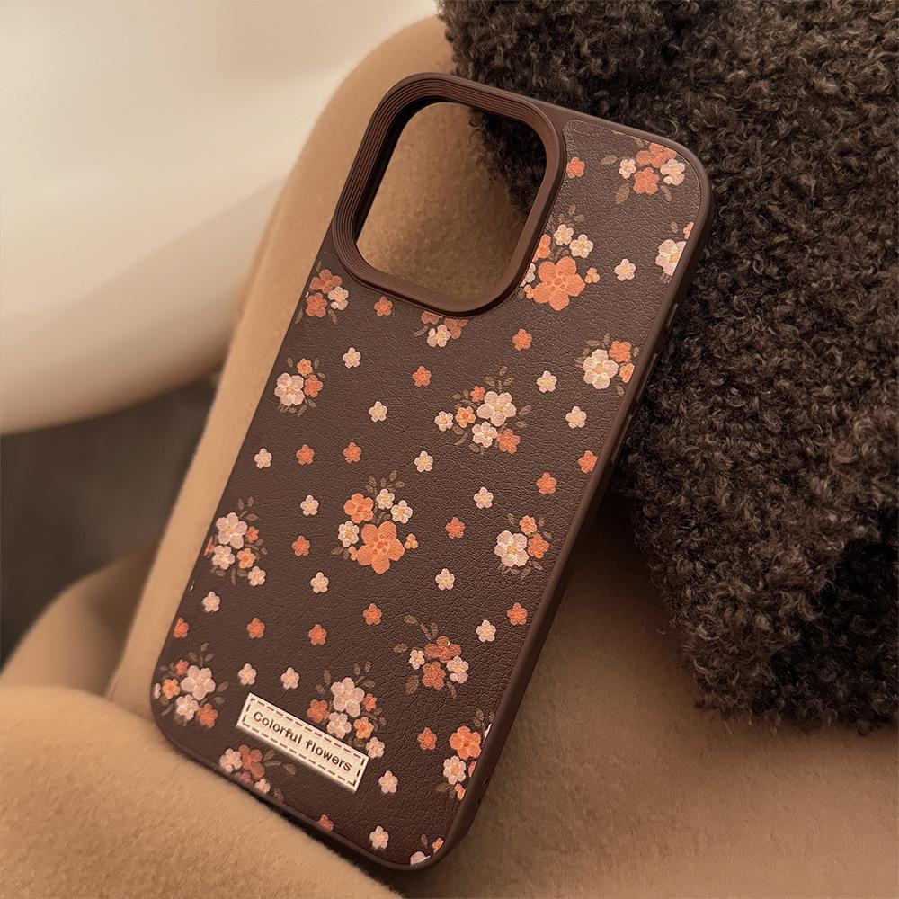 Warm Brown Gentle Small Floral for IPhone16 Mobile Phone Case for Apple 17pro Leather 16 for 13 Autumn and Winter Max Retro