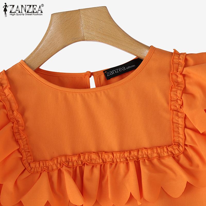 ZANZEA Women Summer Fashion Round Neck Wave Edge Lantern Short Sleeve Blouses