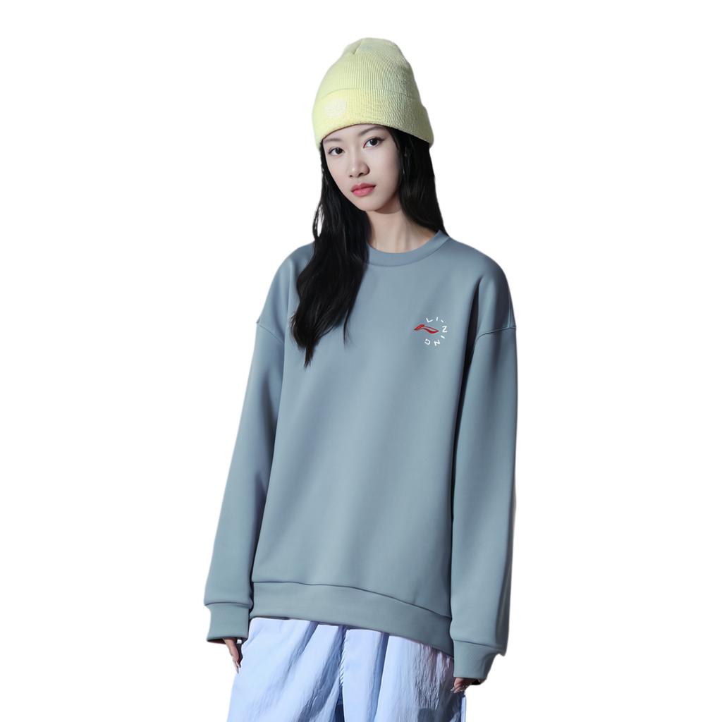 Li Ning Fitness Series Logo Print Solid Color Loose Round Neck Pullover Sweatshirt Women sweatshirt Mist-Blue AWDR874-7