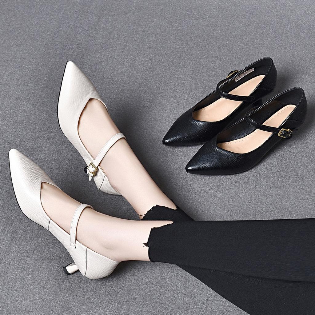 Stiletto Women's Spring New One-word Buckle Pointed Cat Heel Small Single Shoes Simple Temperament Fashion Shoes Light Mouth Shoes
