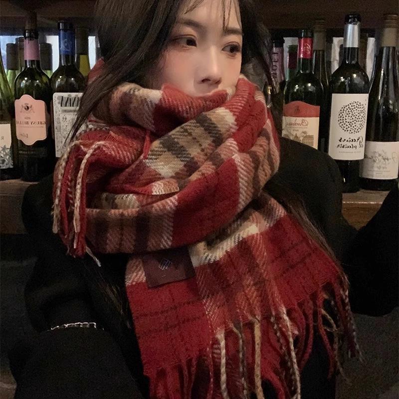 

Korean Style Women s Red Plaid Winter Scarf - Warm & Thick Shawl 180 cm