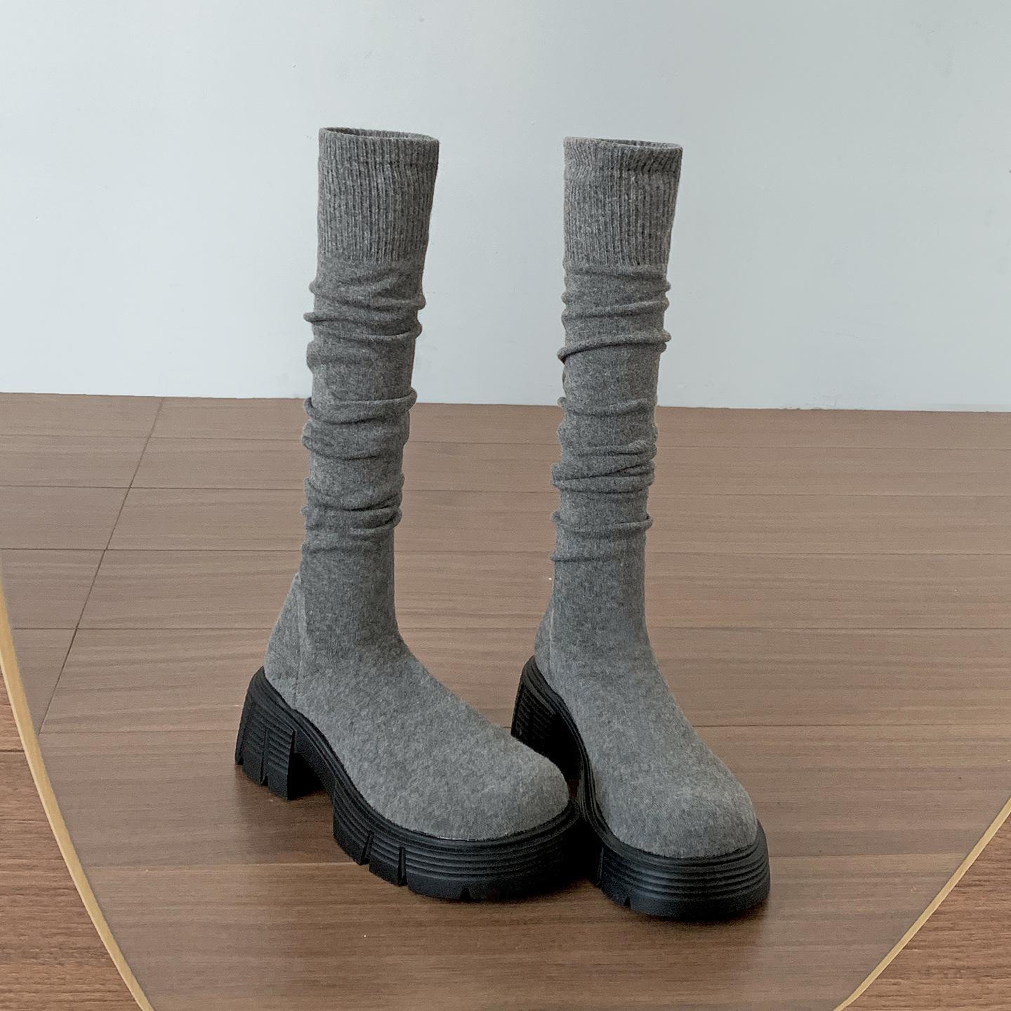 

Ботинки на толстой подошве и толстом каблуке в стиле ретро Queen Fan, детские ботинки 2025, новые осенние ботинки-носки до колена, эластичные, облегающие ногу 40 серый