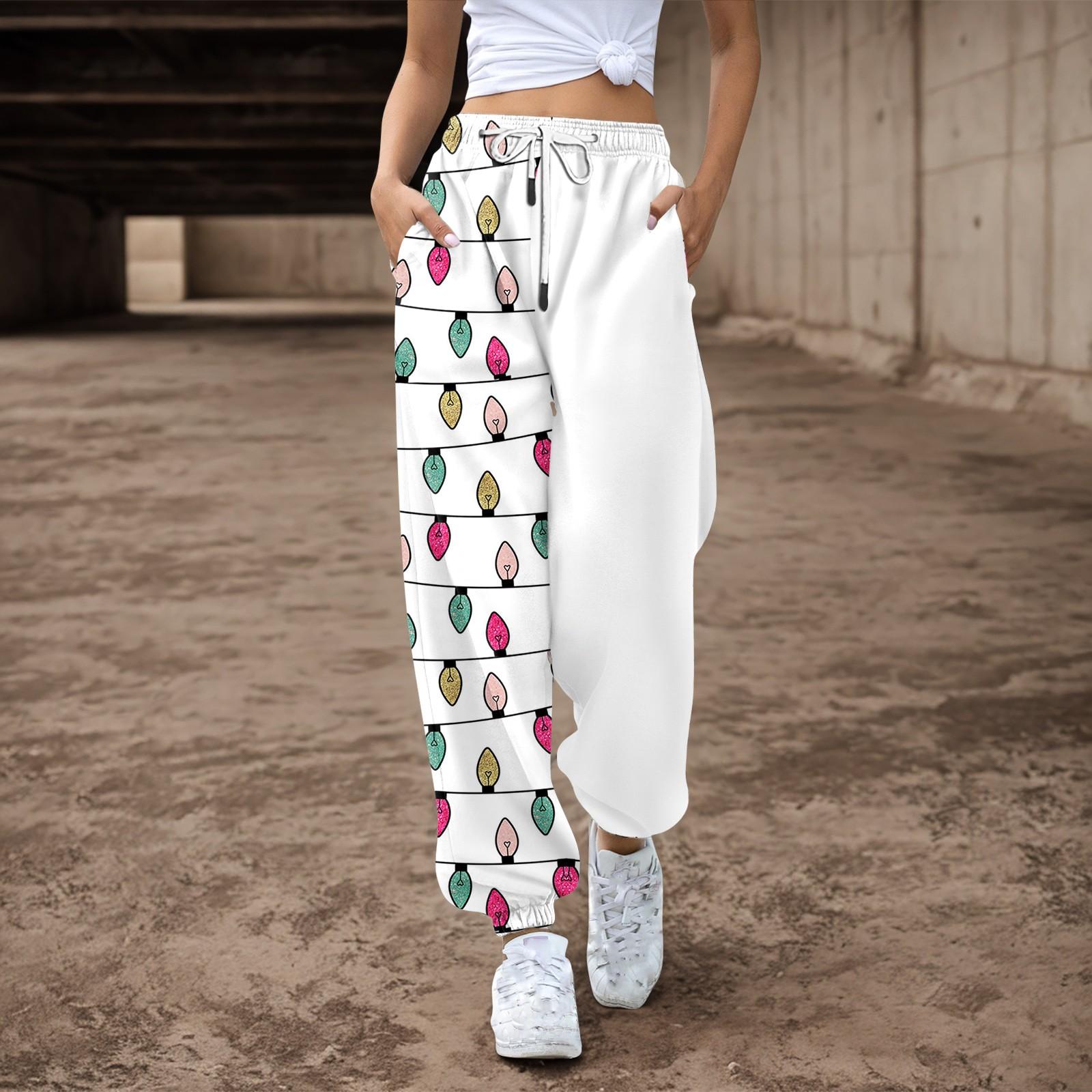 

Женские спортивные штаны, мешковатые, с высокой талией, большие размеры, спортивные штаны с карманами, рождественские принтованные брюки, брюки для женщин S белый