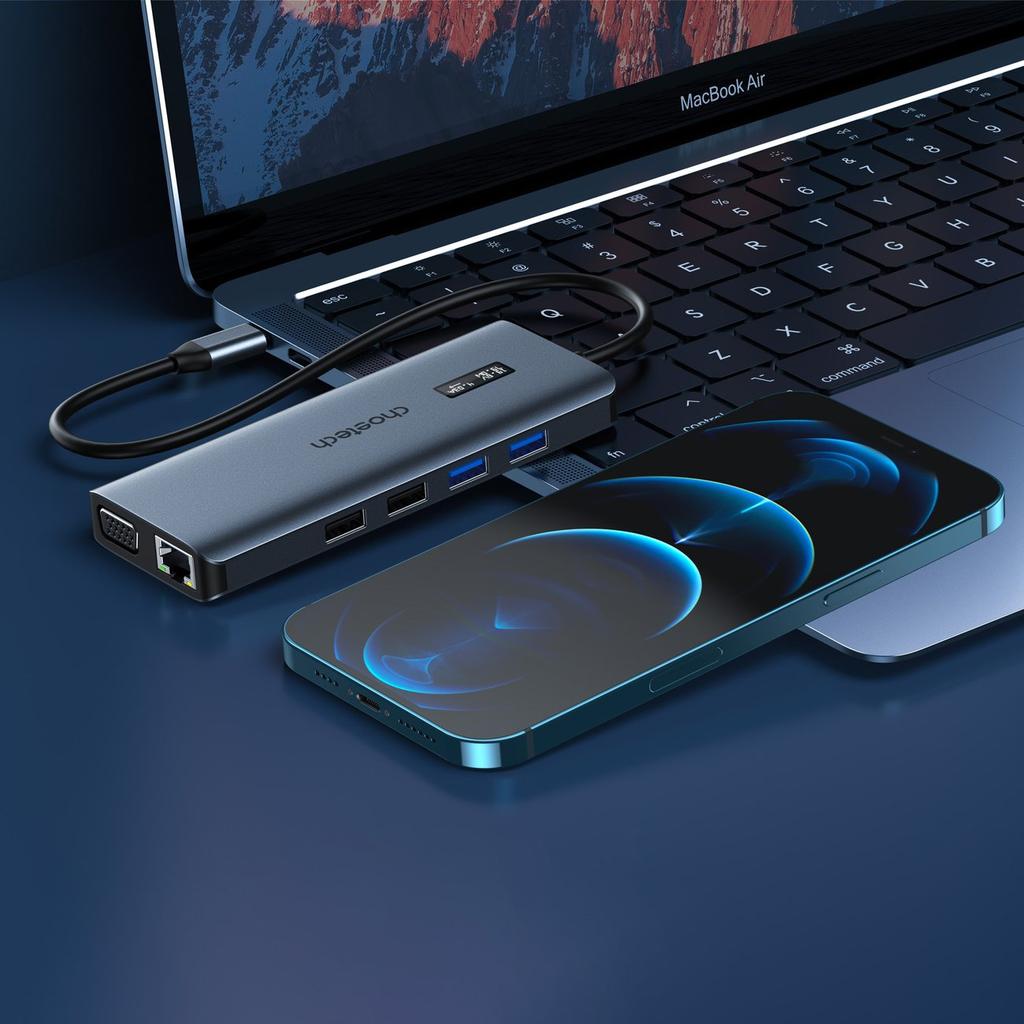 Choetech 12-in-1 USB-C Multiport Hub with Display - 1x USB-C, 4x USB-A, 2x HDMI, VGA, AUX, Memory Card Reader, Gray (HUB-M26)