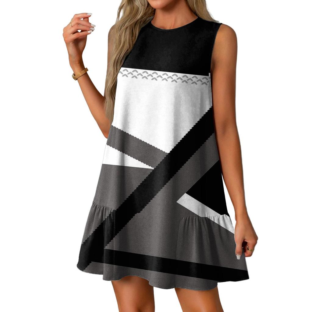 Women's Fashion Casual Sleeveless Round Neck Ruffle Vintage Printed Dresses