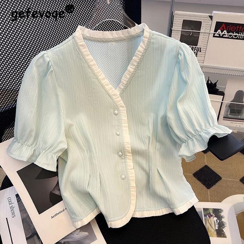 

Women s Stylish Ruffle Contrast Color Design Button Up Shirt Elegant V Neck Sweet Chic Blouse Summer Female Casual Loose Tops S синій