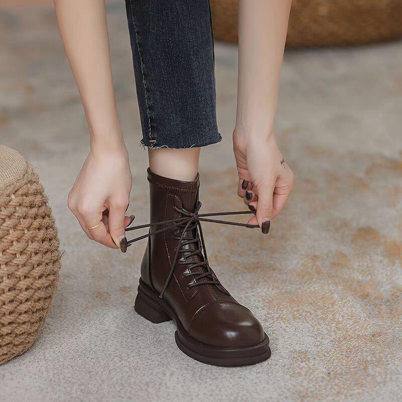 Women's Soft Leather British-Style Fleece-Lined Martin Boots - Autumn/Winter 2025, Thick-Soled, Short, Spring/Autumn Single Boots.