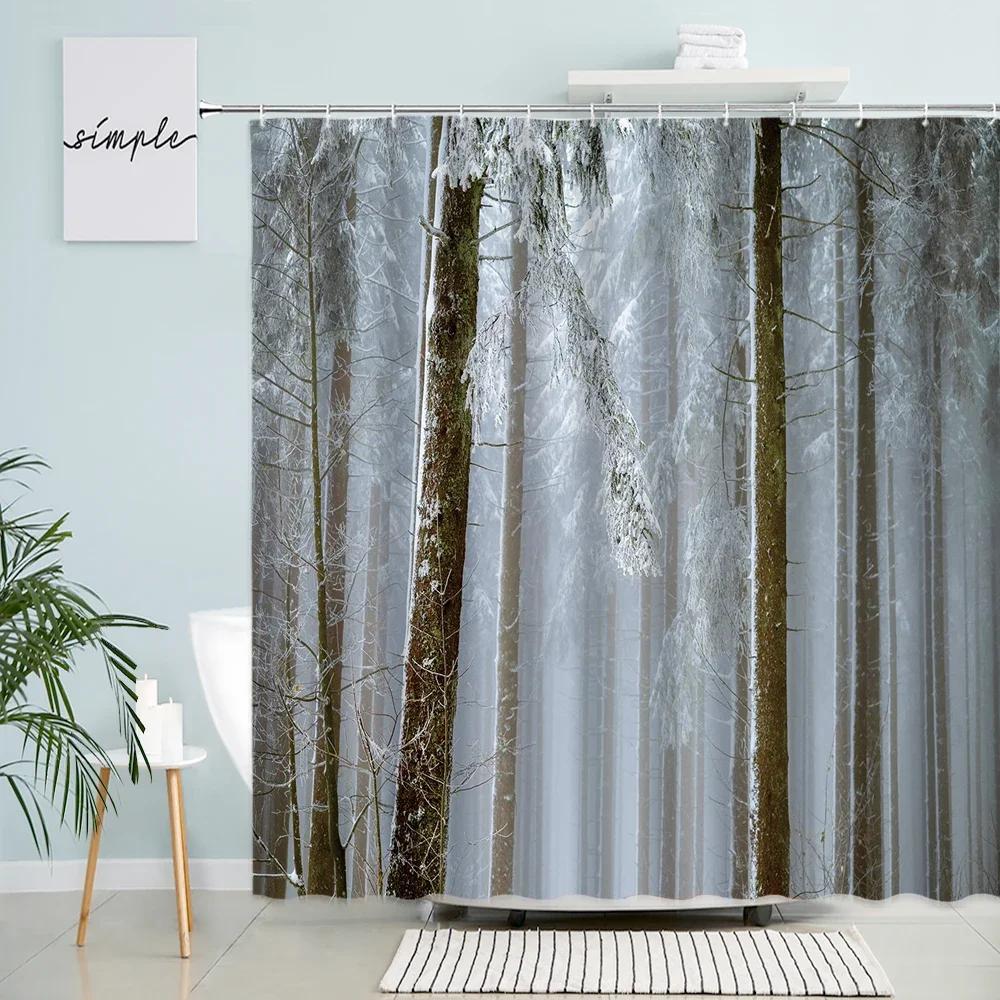 Winter Forest Scenery Shower Curtain Trees Snow Arched Doors Windows Natural Scenery Bathroom Decor With Hook Waterproof Screen