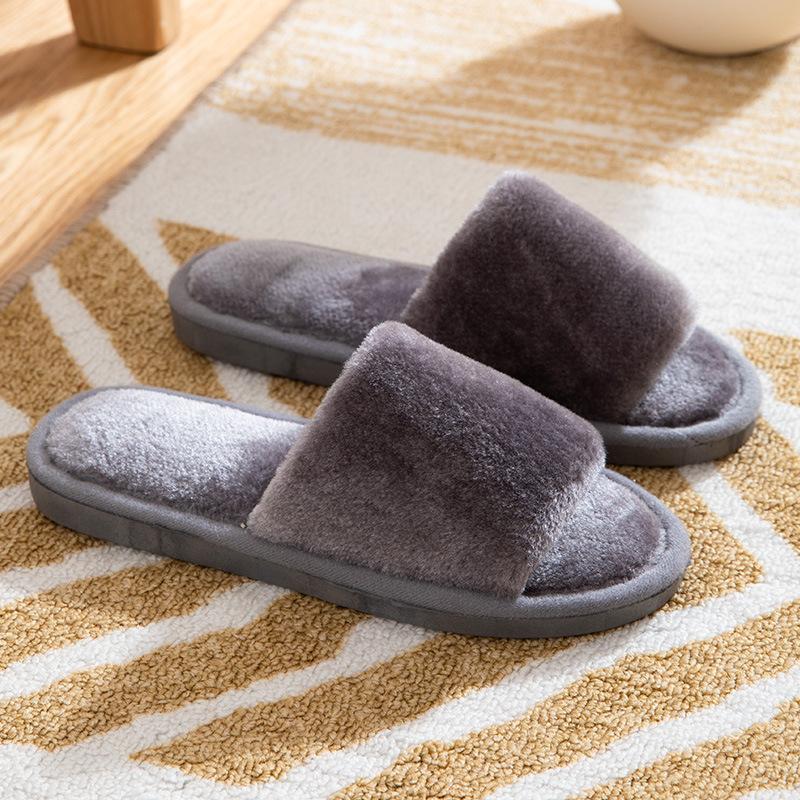 Autumn and Winter Home Warmth One-word Fluffy Slippers Korean Version Indoor Home Slip-resistant Cotton Slippers