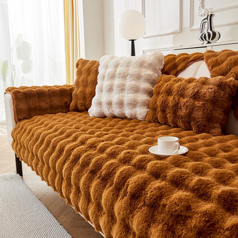 Nordic Minimalist Winter-Style Thick Plush Rabbit Fur Sofa Cushion & Non-Slip Cover