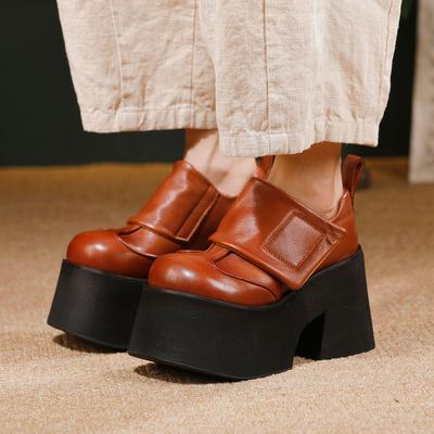 Zapatos de Plataforma de Cuero Genuino para Mujer 2025: Otoño/Invierno Piel de Vaca Pura Petite Aumento de Altura Gancho y Lazo Zapatos Individuales