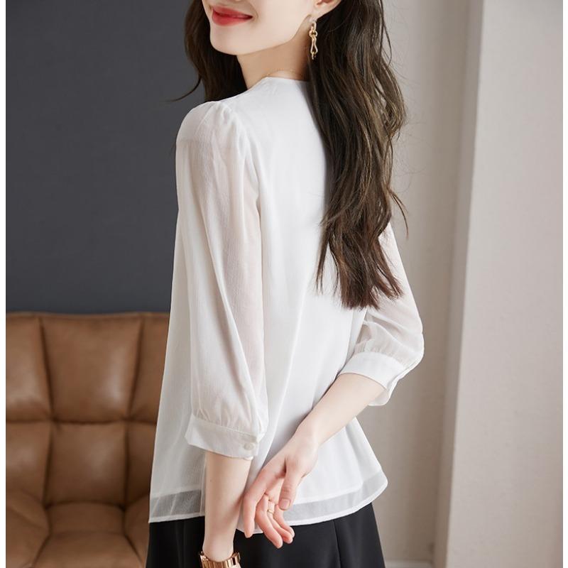 Women Fashion Solid Color Round Neck Three Quarter Sleeve Casual Commute Shirt