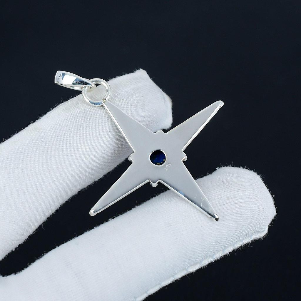 Natürlicher Lapislazuli Edelstein Silberanhänger in 925 Sterlingsilber - Handgefertigtes Sterndesign, Alltagsschmuck, Einzigartiger handwerklicher Designanhänger Geschenk