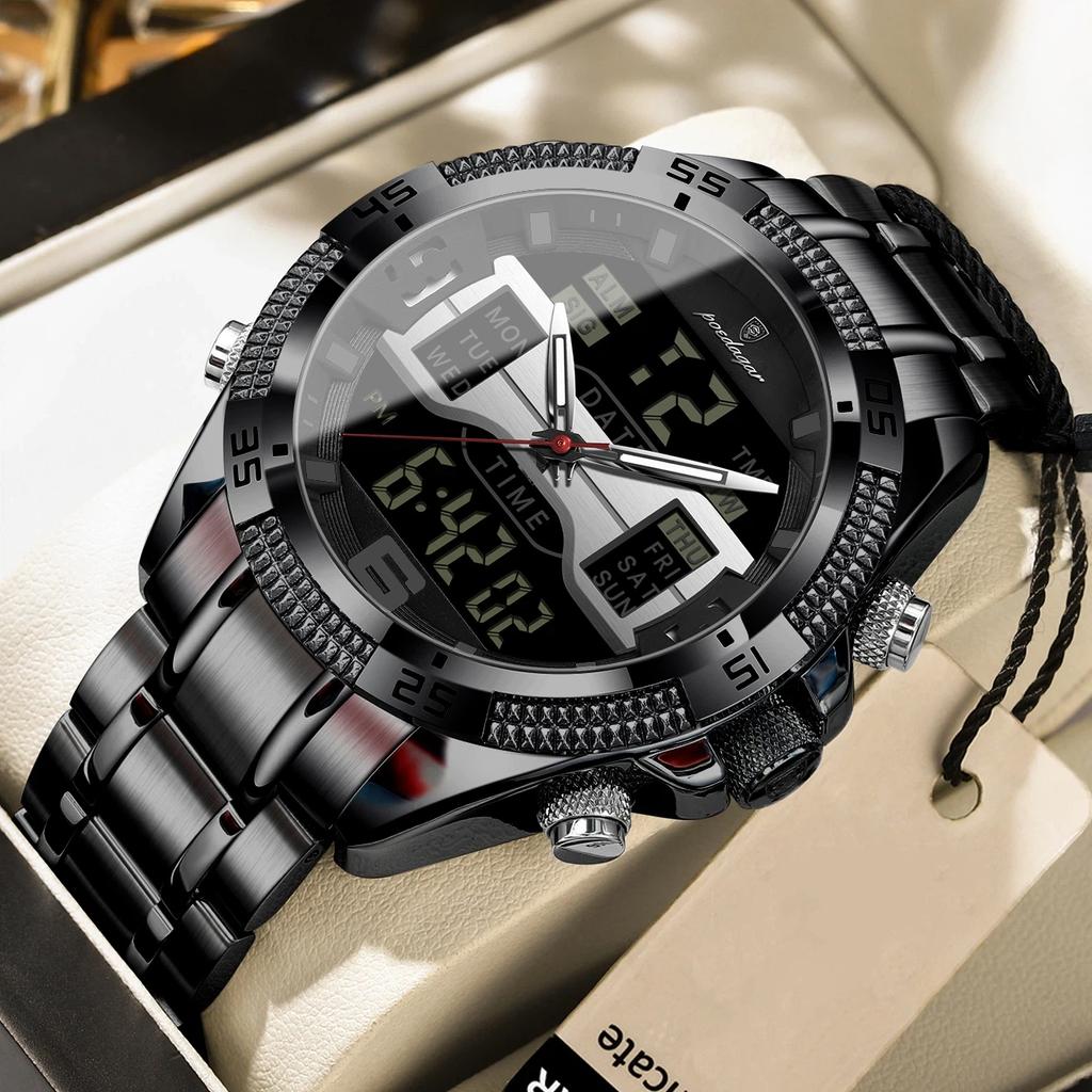 POEDAGAR Sports Luxury Man Wristwatch Dual Time Display Digital Week Date LED Luminous Men Watch Electronic Quartz Watches