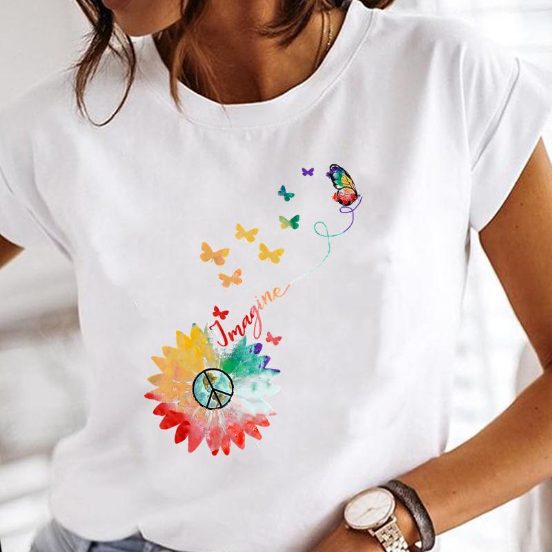(European Size) Summer Fashion Dragonfly Dandelion Plant Short Sleeve Women Print Tee Top T-shirt  Lady Female Clothing Casual Graphic T-shirt