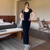 Temperament Slim and Thin Black Short-sleeved Split Backless Dress Children's Summer High-end Long Dress New