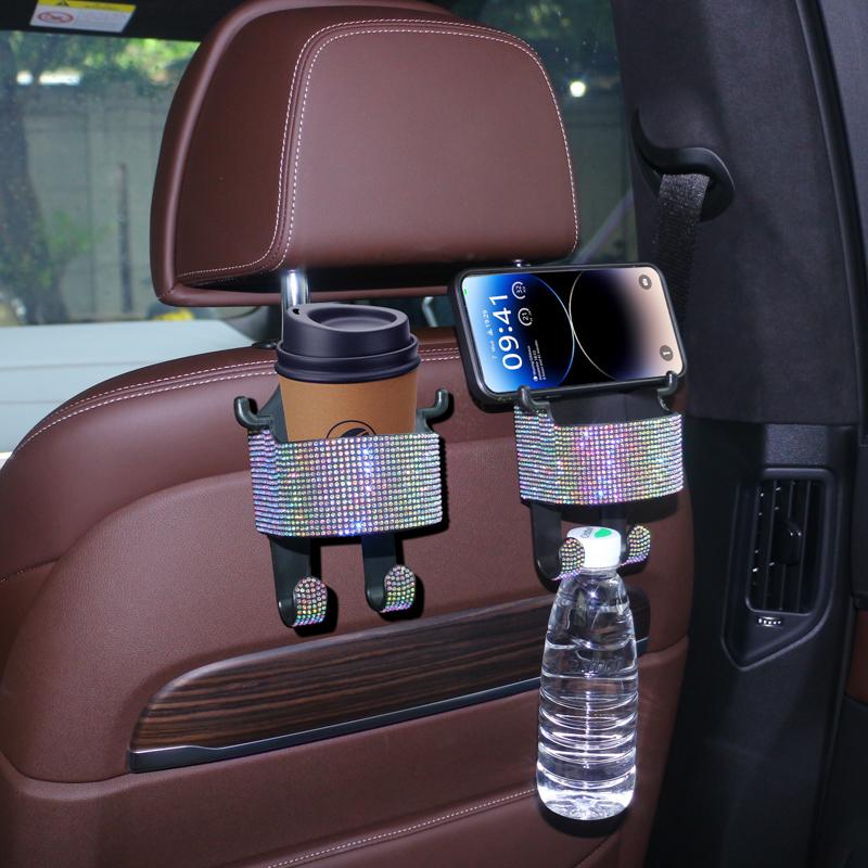 Diamond Crystal Car Seat Headrest Hook Hanger Storage Organizer Universal with Cup Holder for Handbag Bling Car Accessories