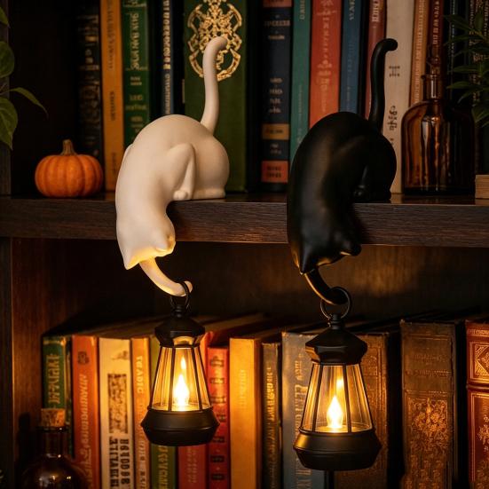 3D Printed Cat Decor Shelf Sitter with Lantern, Whimsical Figurine Hook for Handmade Style Wall Keys, Decorative Book Edge Statue, Creative