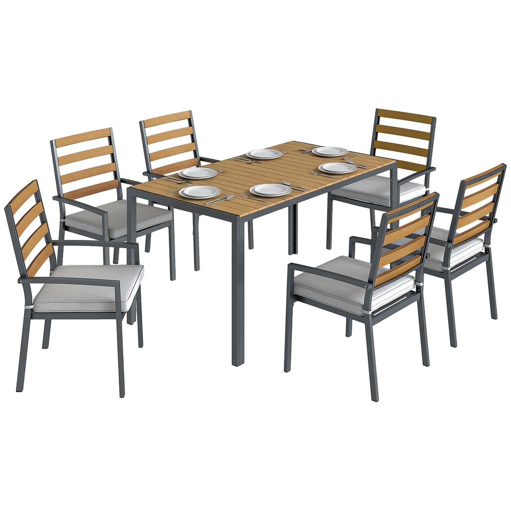 7-Piece Seating Set Garden Furniture Set, Garden Set with 1 Dining Table, 6 Chairs, Cushions, for Patio, Natural Wood