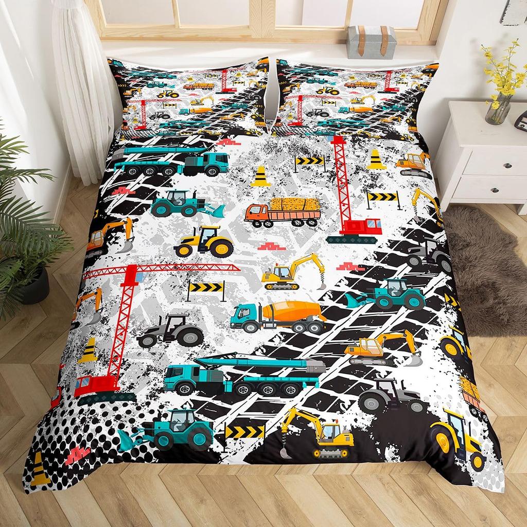 Excavator Duvet Cover Set Twin Queen Size Cartoon Truck Bedding Set Kids Teens Room Decor Construction Vehicle Comforter Cover