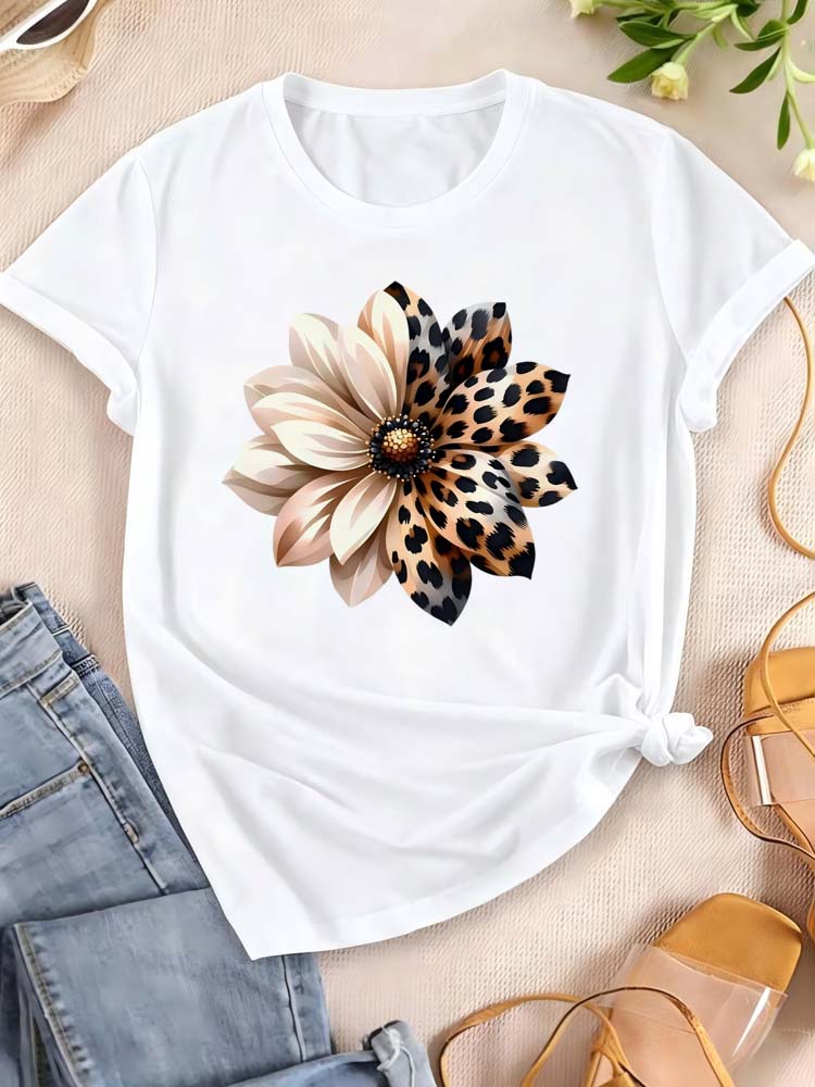 Watercolor Leopard Print Flower Women T-shirt Fashion Graphic Clothing Funny Harajuku T-shirt Female Clothes Tops
