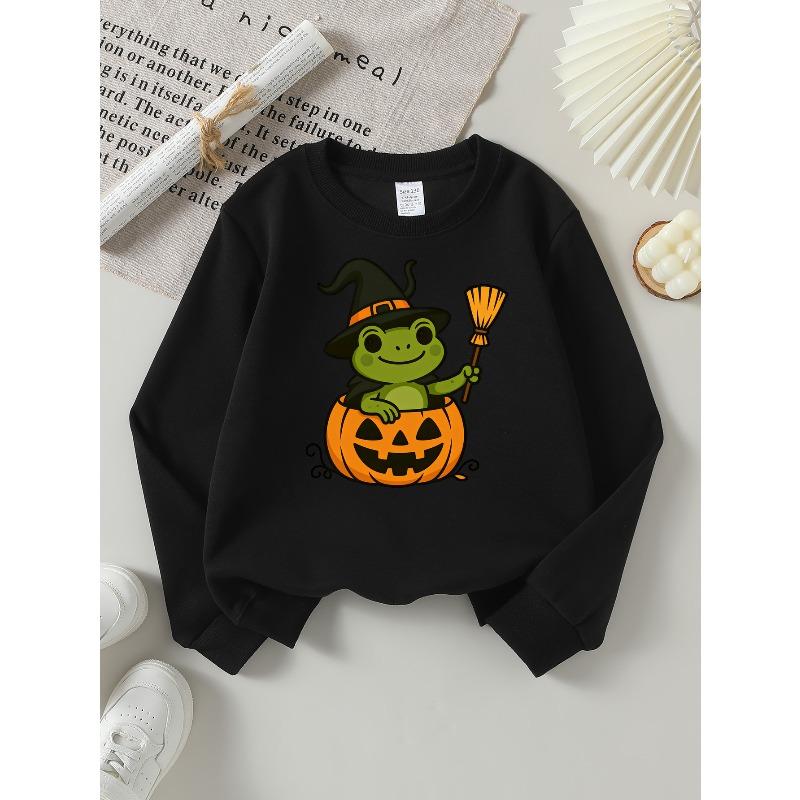 Girls' Halloween Long-Sleeve Sweatshirt, Round-Neck Fun Print Casual Top, Kids' Autumn Clothing, Suitable for Trick-Or-Treat Parties And Halloween