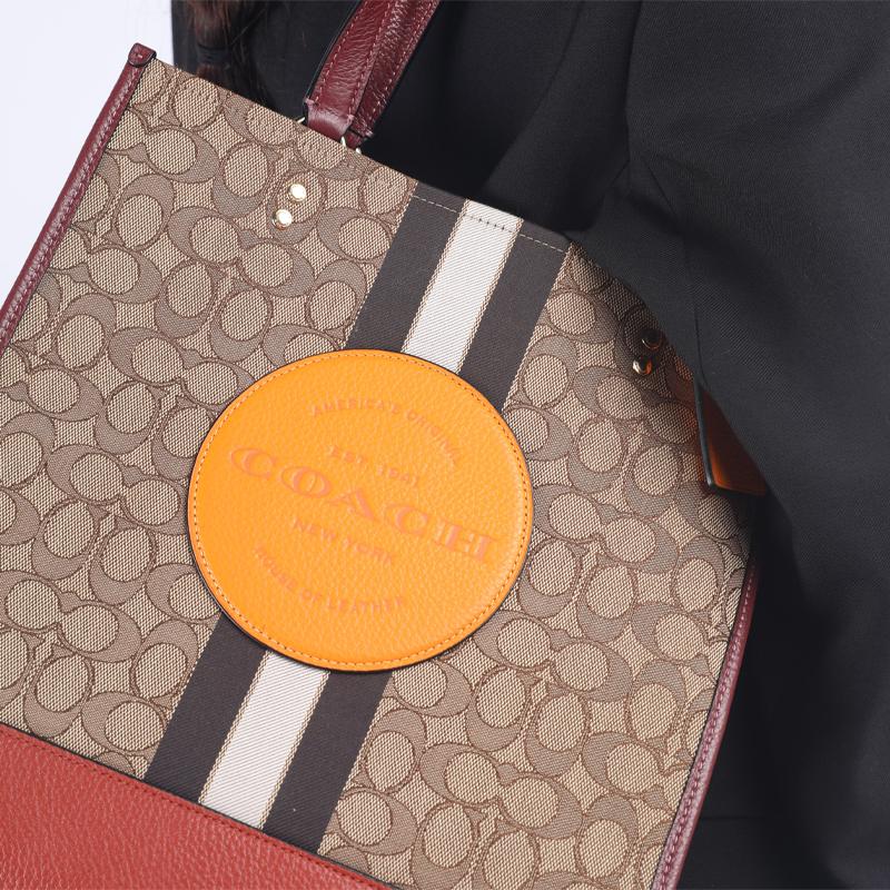 Coach Dempsey 30 Monogram Stripe Logo Decor Vertical Fabric And Leather Tote Bag Women Tote Bags Red-Orange Brown 1917-IMQZV