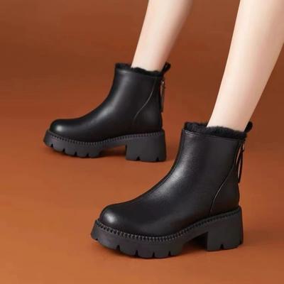 Damen Schuhe im Sale 2024 Neue Reißverschluss Damenstiefel Winter Runde Zehenpartie Uni Plüsch Warm Plateau Wasserdicht Mode Nacktstiefel