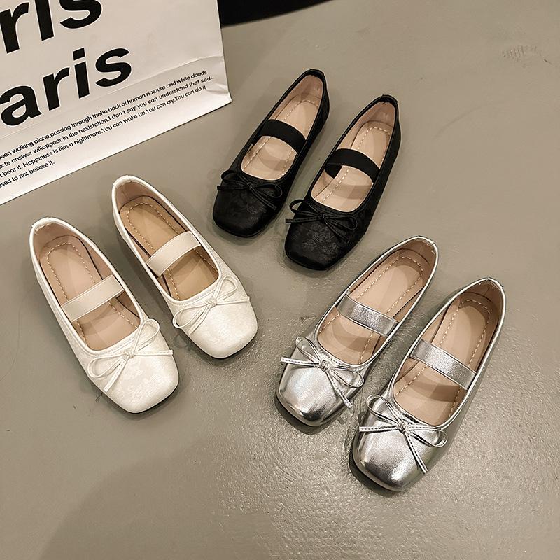 Fashion Fashion Bow Mary Jane Flat Shoes for Women Spring New Design Soft Sole Ballet Single Shoes Woman Elegant Silver Leather Flats