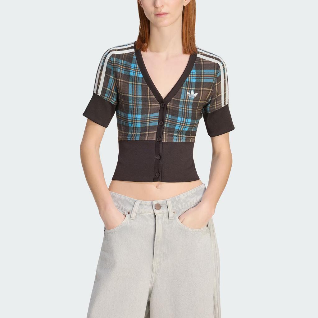 Adidas Originals Checked Shirt With Buttons Three Stripes Plaid Button Sports V-Neck Short Sleeve Shirt Women shirts KW4548