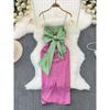 2024 Summer Fancy Contrast Color Sexy Dazzling Big Lady Open Back Bow Suspenders Dress Vacation Dress
