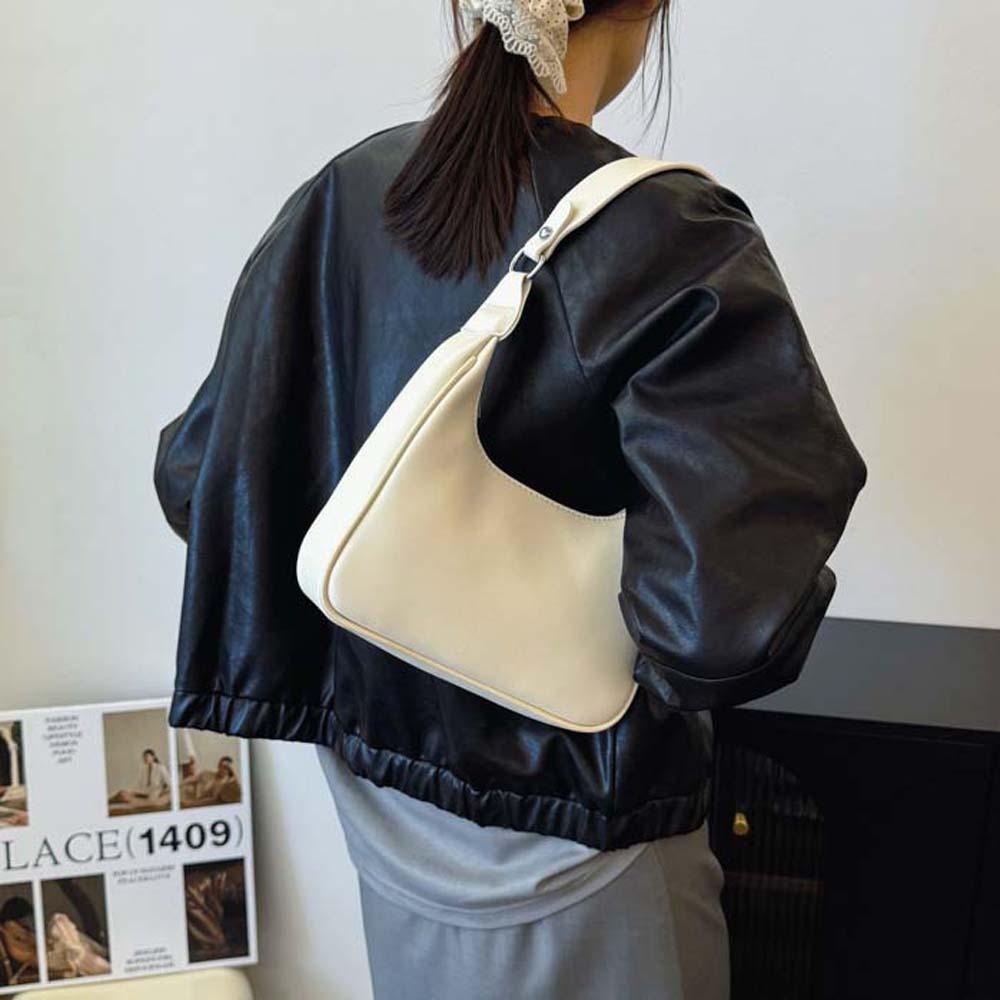

White French Underarm Bag Wide Strap Texture Handbag Smooth PU Hobo Bag School чорний