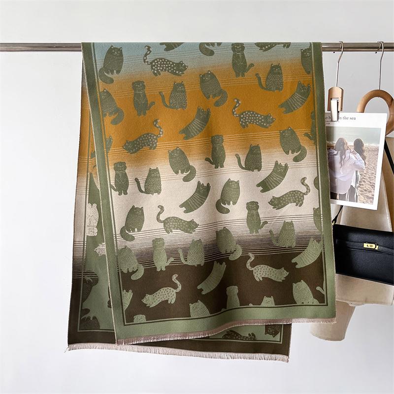 2025 Luxury Women's Winter Scarf Imitation Cashmere Animal Double-Sided Cat Print Warm Shawl Pashmina Stole Blanket Foulard