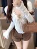 Women's Slim Fit V-Neck T-Shirt with French Lace and Bow Tie Straps - Autumn/Winter Two-Piece Style Top