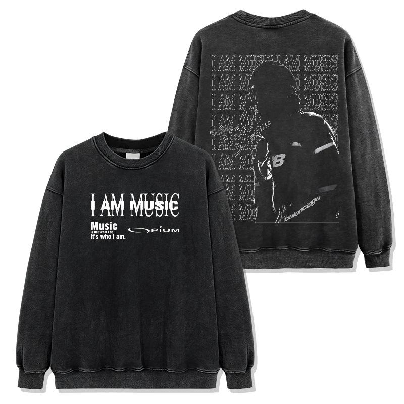 Playboi Carti Print Washed Short-Sleeve Crew Neck Hooded Sweatshirt