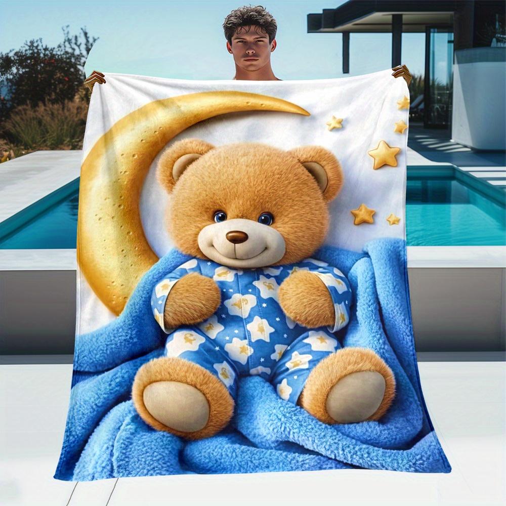 Adorable Teddy Bear Moon Stars Baby Blue Pajamas Flannel Blanket Cute Nursery Decor Infant Bedding Cozy Sleeping Blanket Child