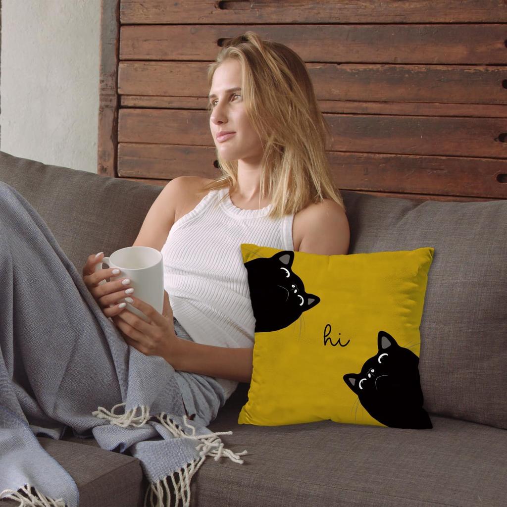 Cute Black Cat Pillowcase, Minimalist Cartoon Kitten Cushion Cover, Yellow Background Home Decor, Soft Throw Pillow for Bedroom