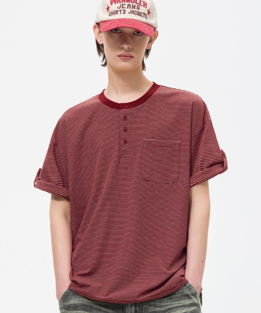 TRILLION Roll-Up One-Pocket Henley Neck Short Sleeve T-Shirt_4Color