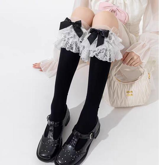 

1 Pair Women S Solid Color Calf-Length Socks Multi-Layer Lace Trim Japanese Ballet-Style Sweet Bow Socks, Non-Slip Stay-Up Livel One Size