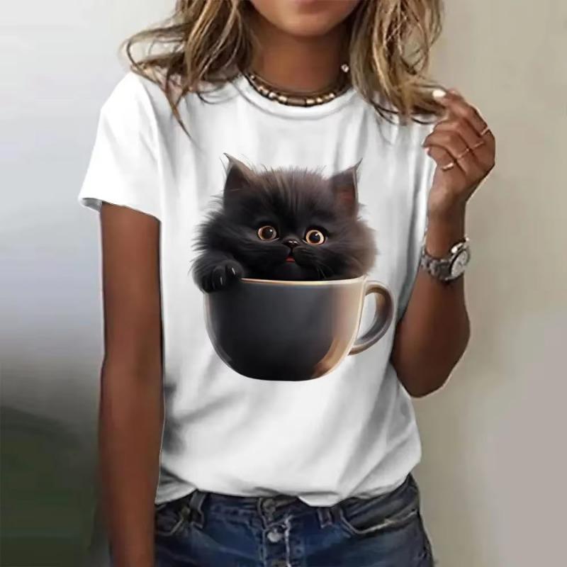 Funny Cat T-shirt Women's Angry Cat Printed Short Sleeve Top