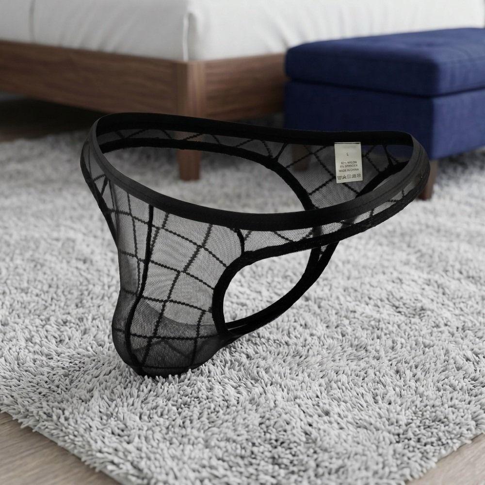 Simple Fashion Plaid Hollow Men's Mesh Thongs Transparent Ultra-thin Male Briefs Low Waist Breathable T Back Panties Male