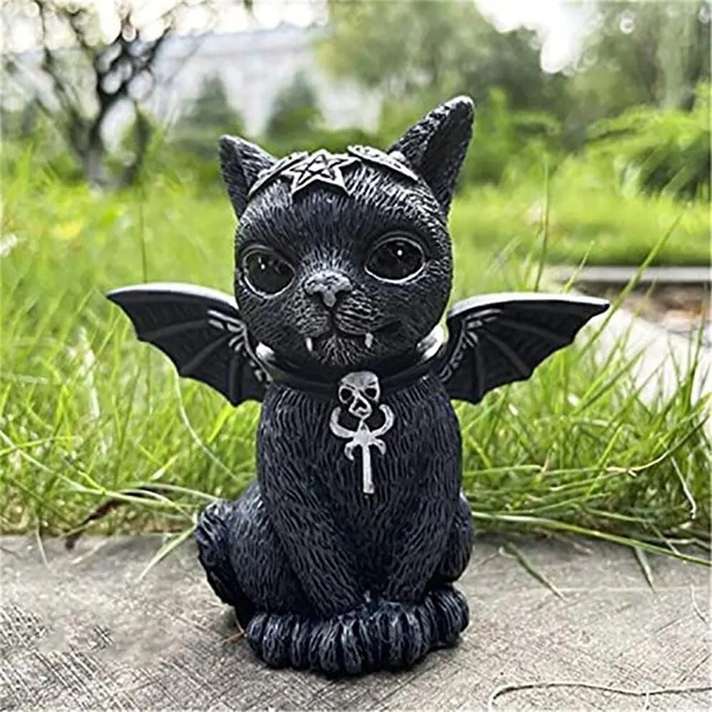 Socha černé kočky Tajemná roztomilá kočka Čarodějnice Kočka Figurka Čarodějky Dekor Stolní Ornament Ručně malovaná socha na Halloween 1PC