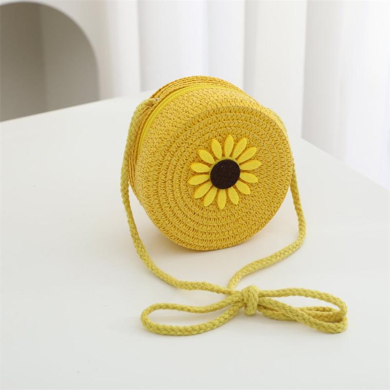 Summer Solid Color Straw Bag Shoulder Messenger Round Bag Children Versatile Outing Beach Bag Light Board DIY Round Weaving