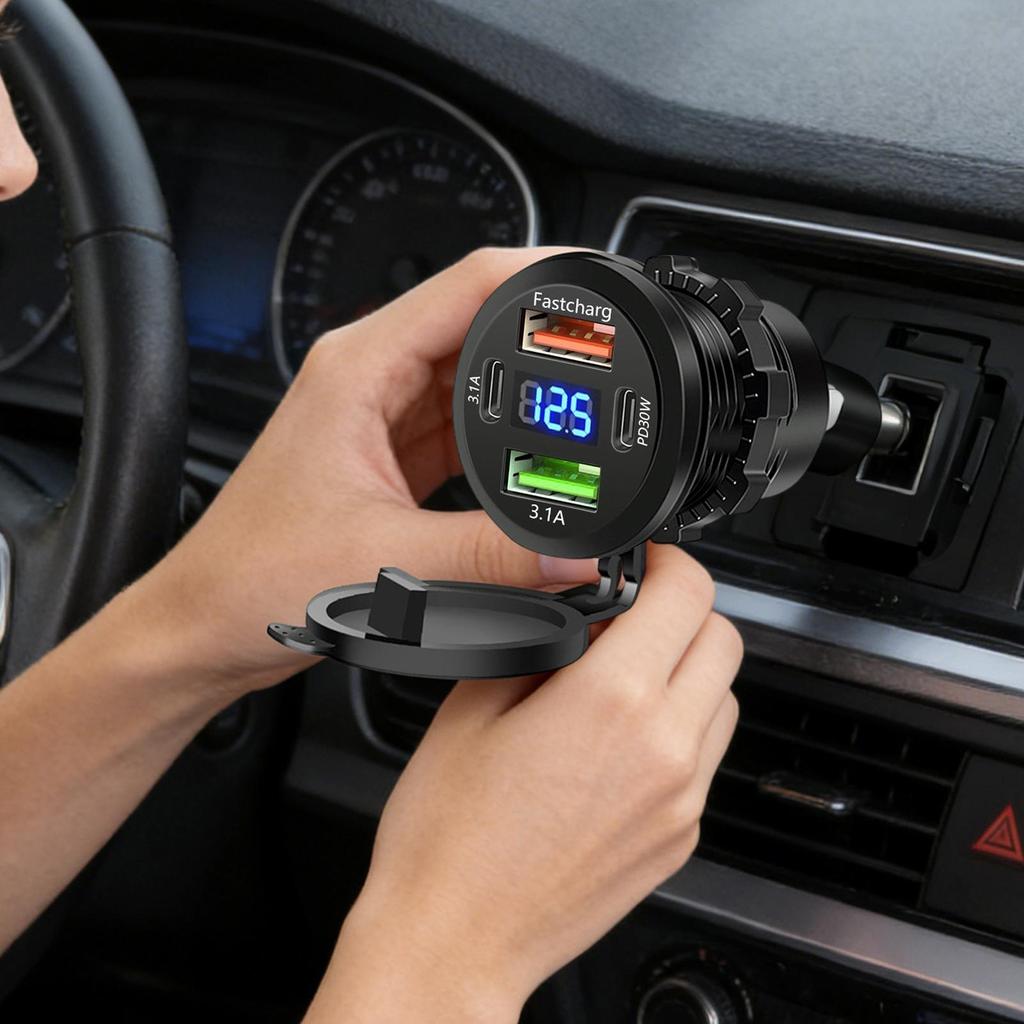 Car Charger Socket Dual PD & Dual USB 4Ports Fast Charging Socket Waterproof with Voltmeter 12V/24V For Car Boat Motorcycle