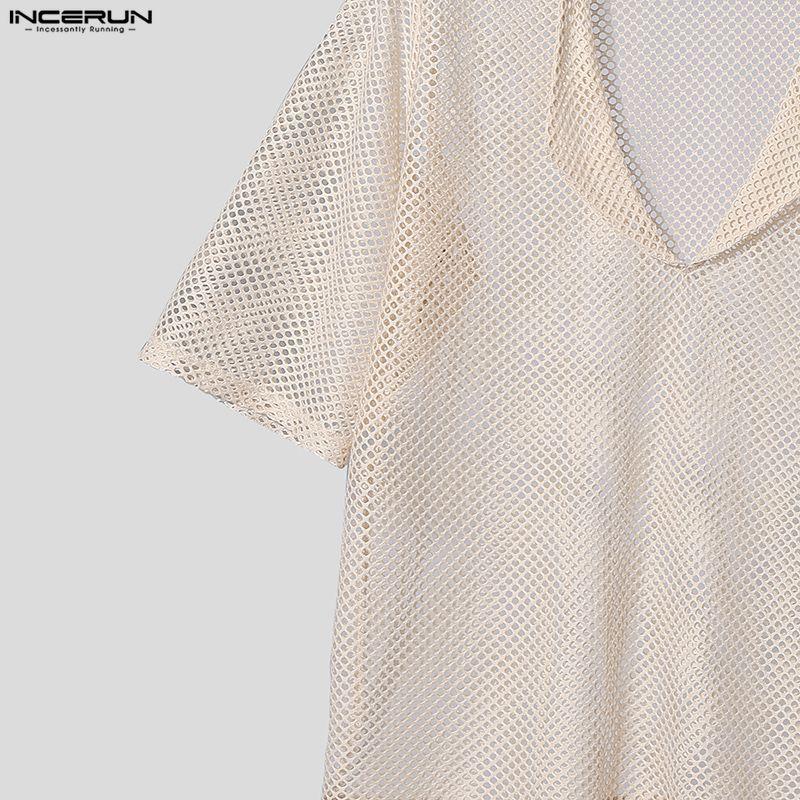 INCERUN Oversized Men Deep V Long Sleeve Hollow Loose T-shirts Tops